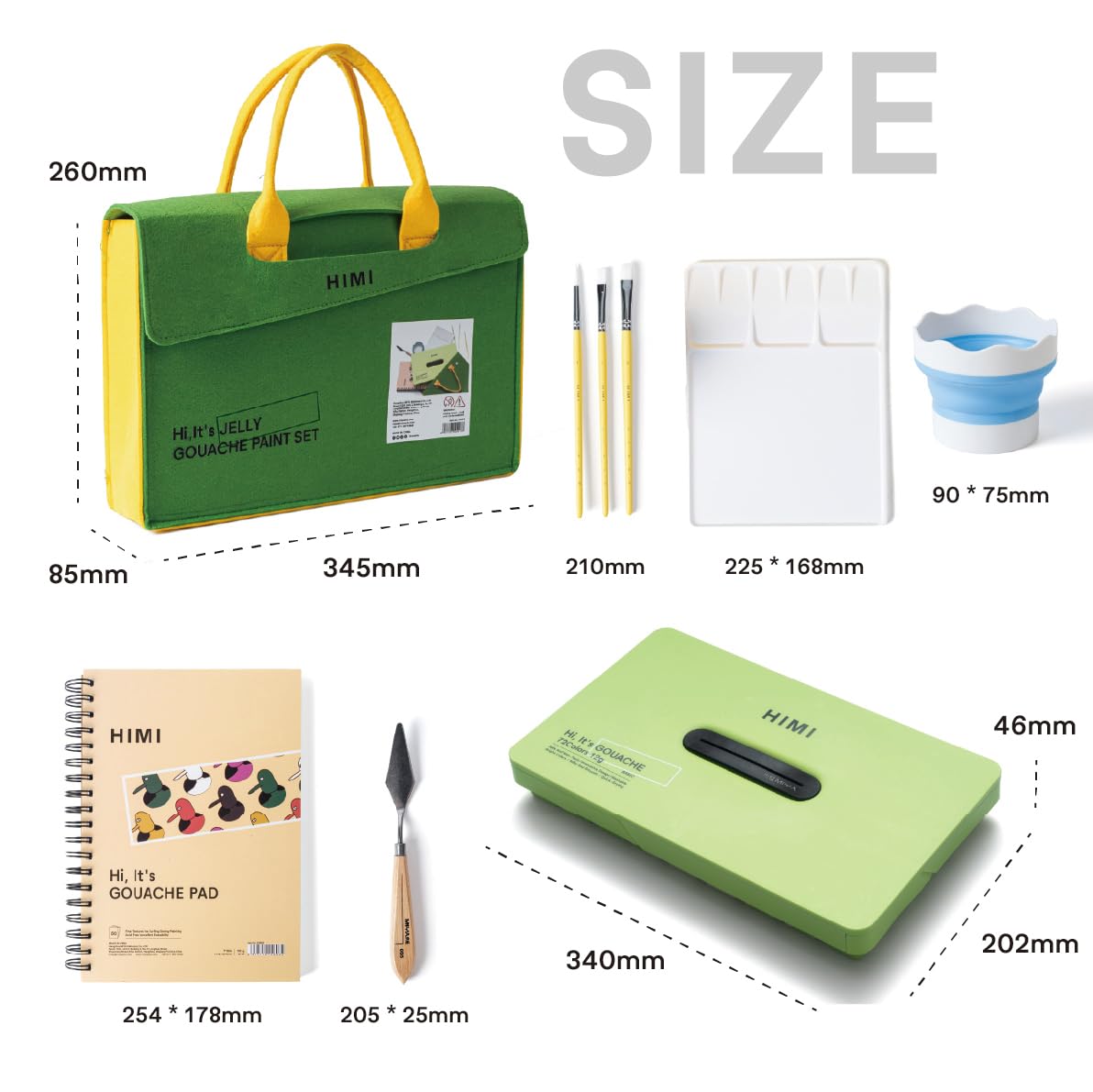 HIMI Kit de peinture gouache – 72 couleurs vives avec palette, 3 pinceaux, seau pliable, tampon à gouache, couteau à peinture et sac en feutre. Cadeau pour adultes, débutants et artistes