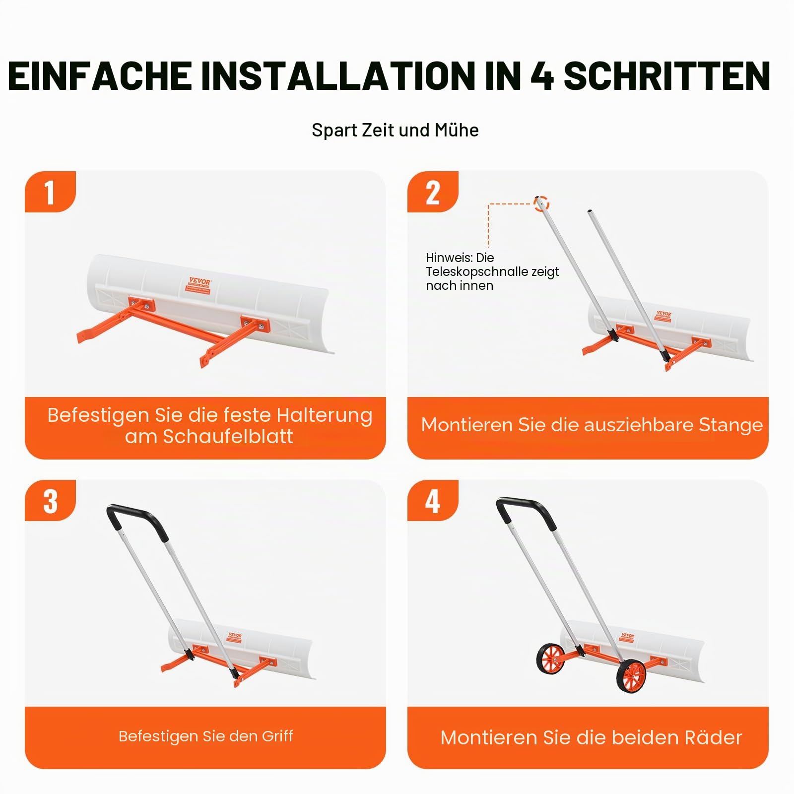 VEVOR Schneeschieber mit Rädern 94cm Schneeschaufel ABS-Kunststoff Aluminiumlegierung Schneeschippe Seitenwinkel von 15° Schneeräumer Schneeräumgeräte Rückenschonender Schneeschieber