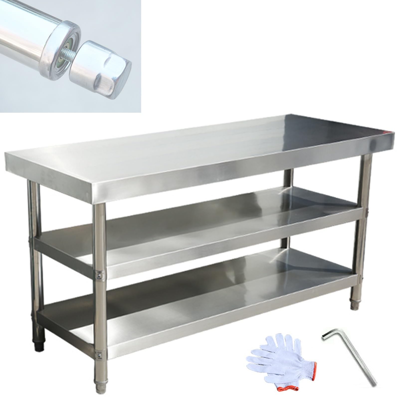 Mesa de preparación de acero inoxidable resistente para servicio de alimentos y uso doméstico, con estante inferior y patas galvanizadas, estación de trabajo de cocina duradera