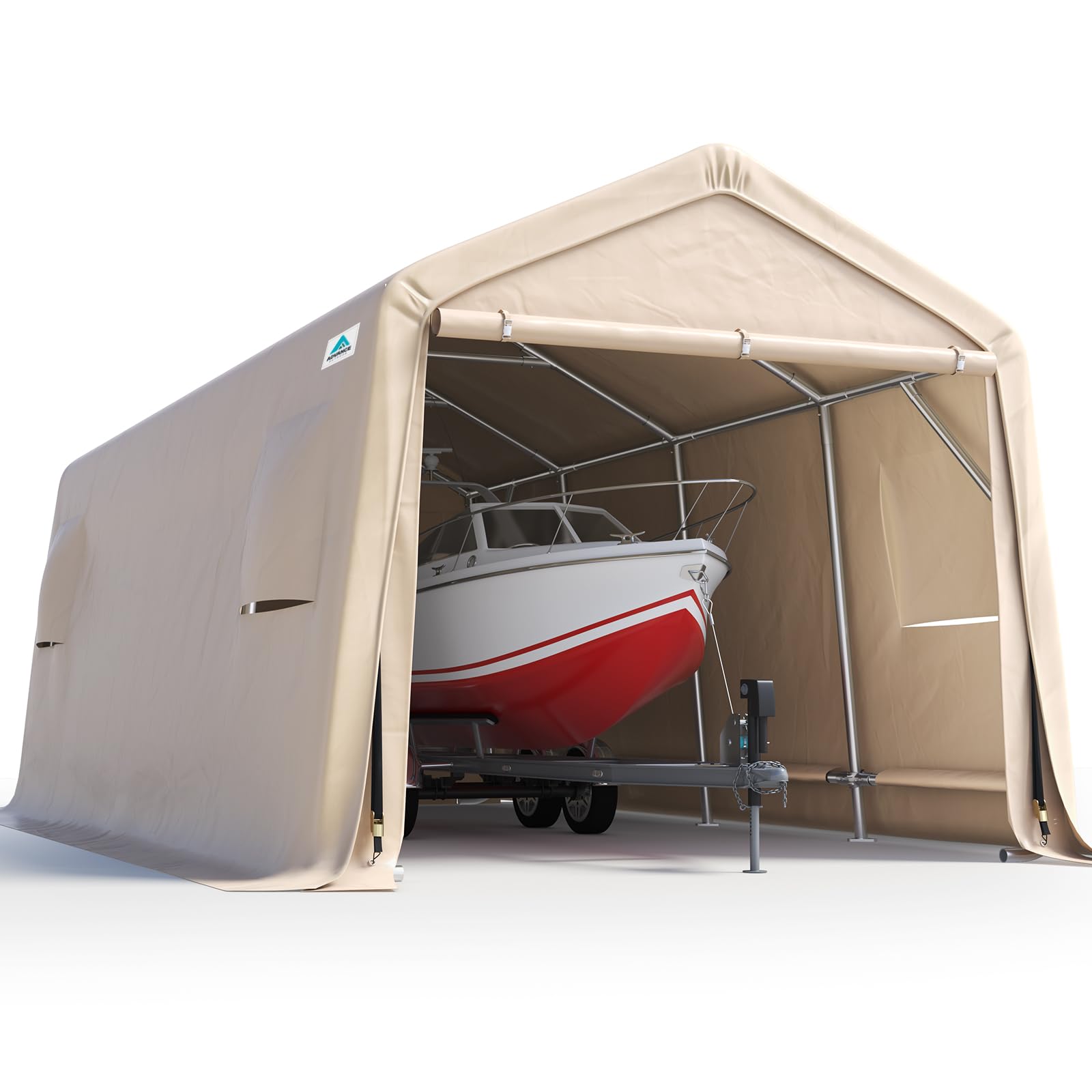 ADVANCE OUTDOOR Heavy Duty 10X20 ft Carport Outdoor Patio Portable Canopy Storage Shelter Shed with 2 Rolled up Zipper Doors & Vents for Snowmobile Garden Tools, Beige