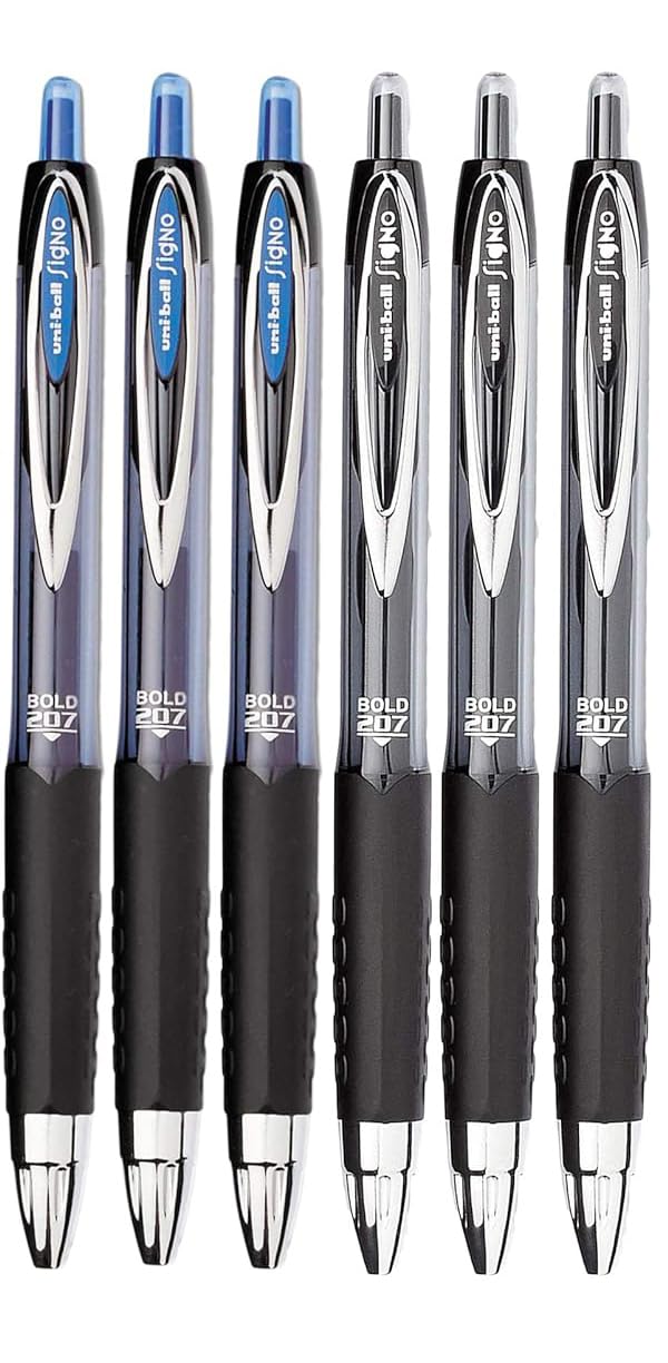 Signo 207 Roller Ball Retractable Gel Pens, Bold Point (1.0mm), Black And Blue Ink, 6 Count,