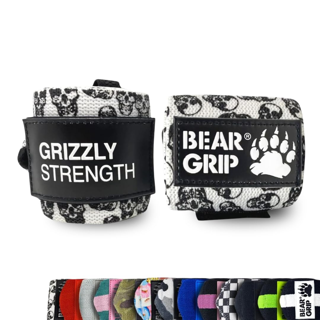 BEAR GRIP - Premium Heavy Duty Weight Lifting Wrist Wraps, Bodybuilding, Powerlifting, StrongMan (White Skull, 18 Inches)