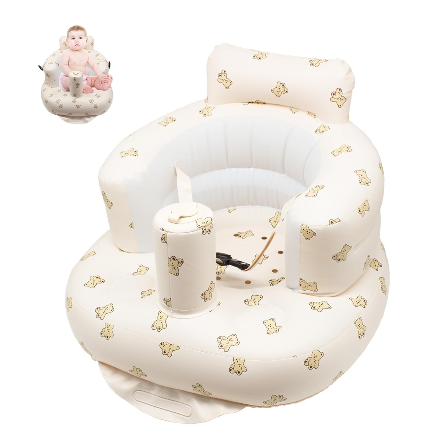 JDBlissful Aufblasbarer Sitz Ab 3-36 Monate, Sitzhilfe Mit Gurtzeug, Sofasitz, Bodensitze, PVC Badewannensitz Mit Luftpumpe, Tragbarer Aufgeblasener Esszimmerstuhl für Baby (Bärenmuster)