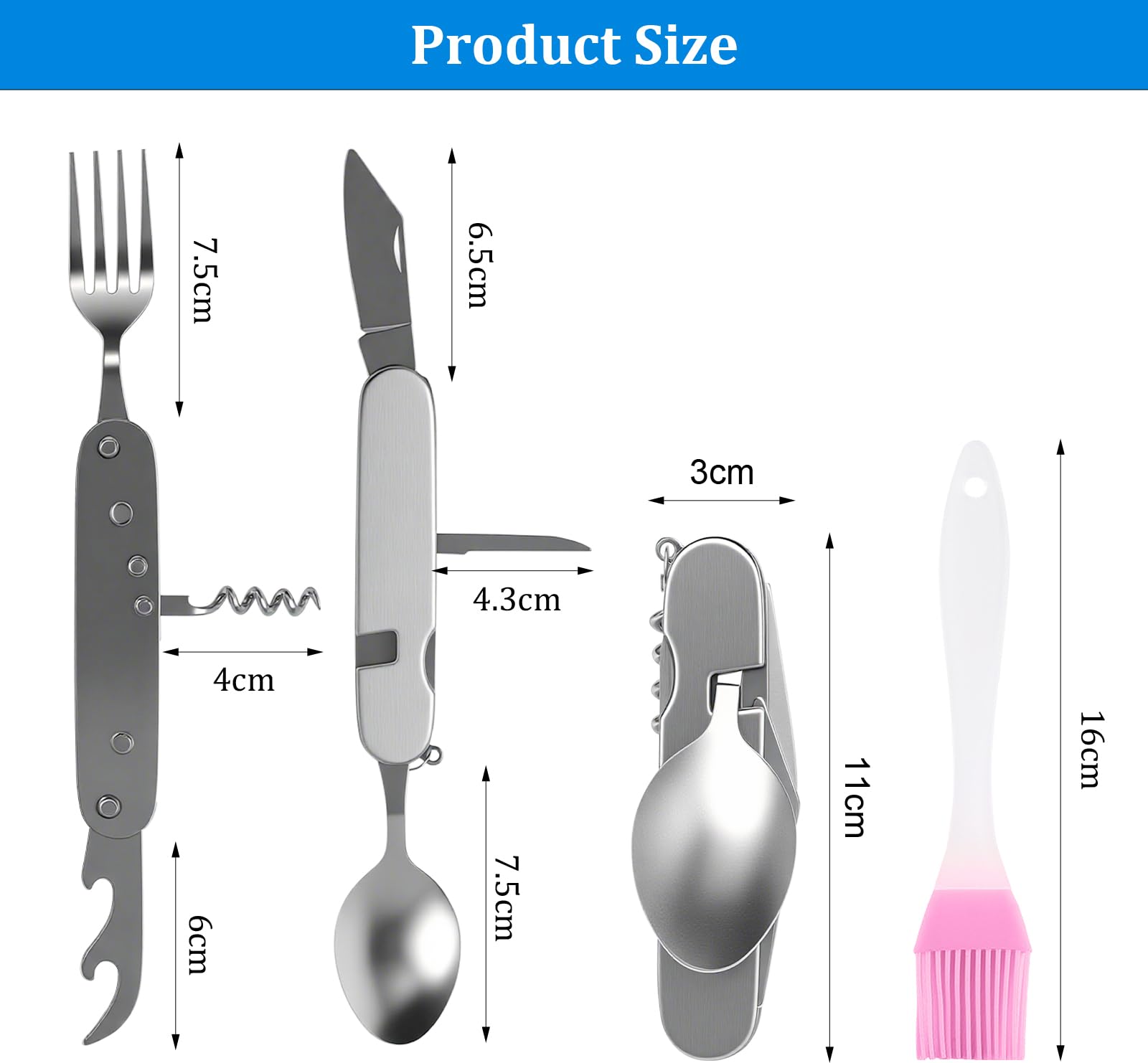 6 in 1 Posate da Campeggio Pieghevoli Acciaio Inox, Set Posate Multifunzione con Coltello, Cucchiaio, Forchetta, Apribottiglie e Pennello BBQ, Posate Trekking, Survival Outdoor, Picnic