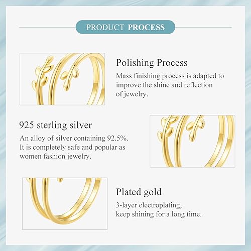 Miniatura 7 de MUNDELL Anillo ajustable de plata de ley 925 simple multicapa con hojas verdes de la suerte, anillo de promesa para mujer, joyería fina