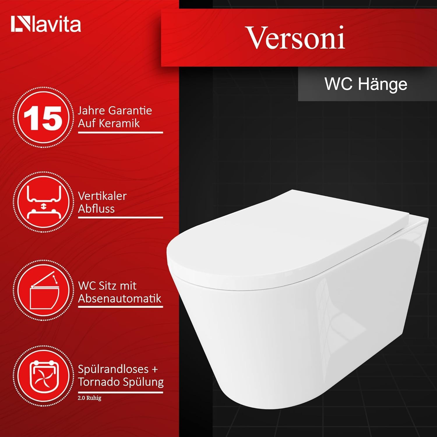 Lavita Conjunto: elemento de pared Duofix Basic WC de descarga profundaVersoni blanco sin reborde con sistema de descarga Tornado+asiento de WC con cierre automático+con botón blanco Conjunto completo