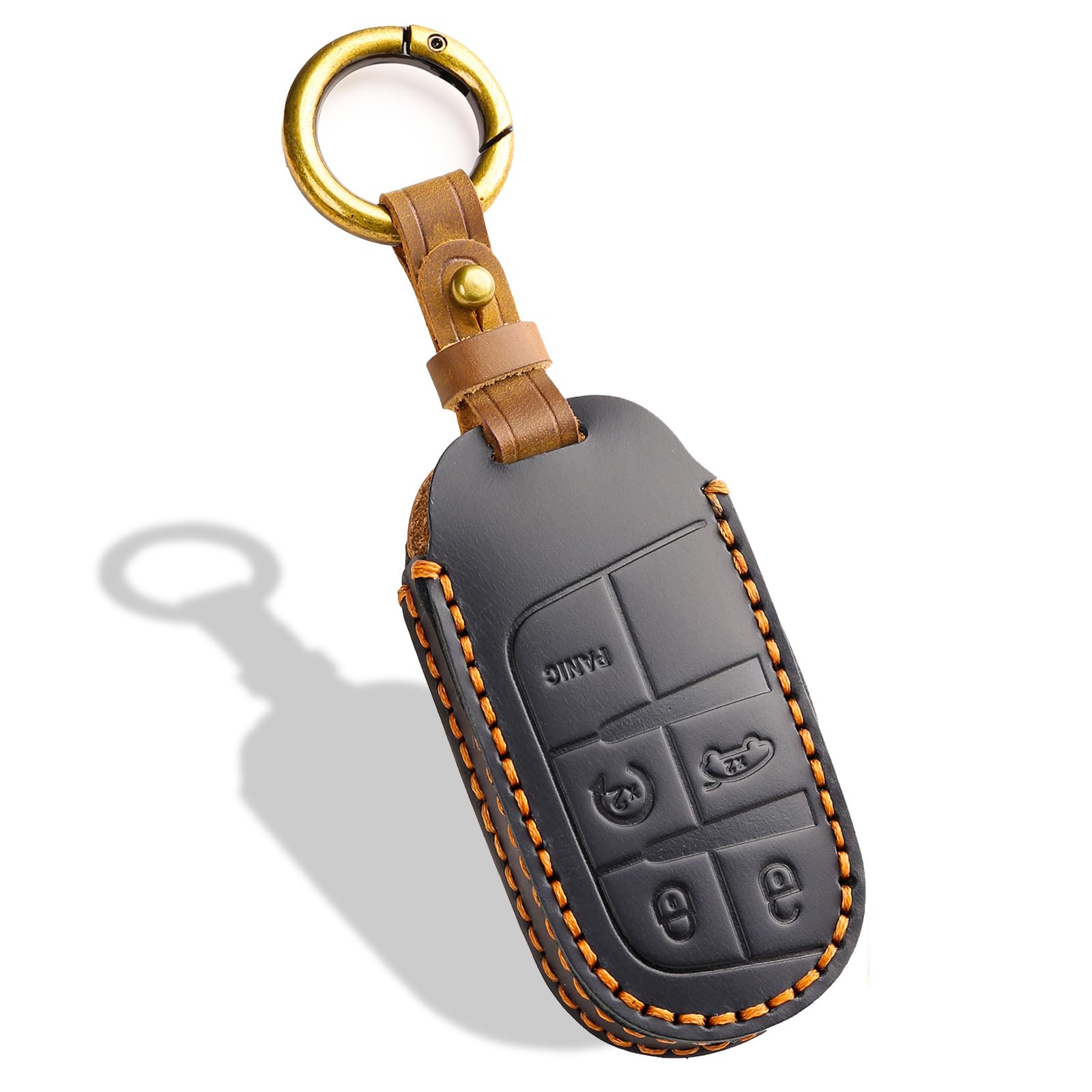 Leather Keychain Case Compatible with Jeep Grand Cherokee Renegade Compass Chrysler Dodge RAM Durango Challenger Journey Dart Fiat No Screws Design Key Holder Protection, black, 5 Button