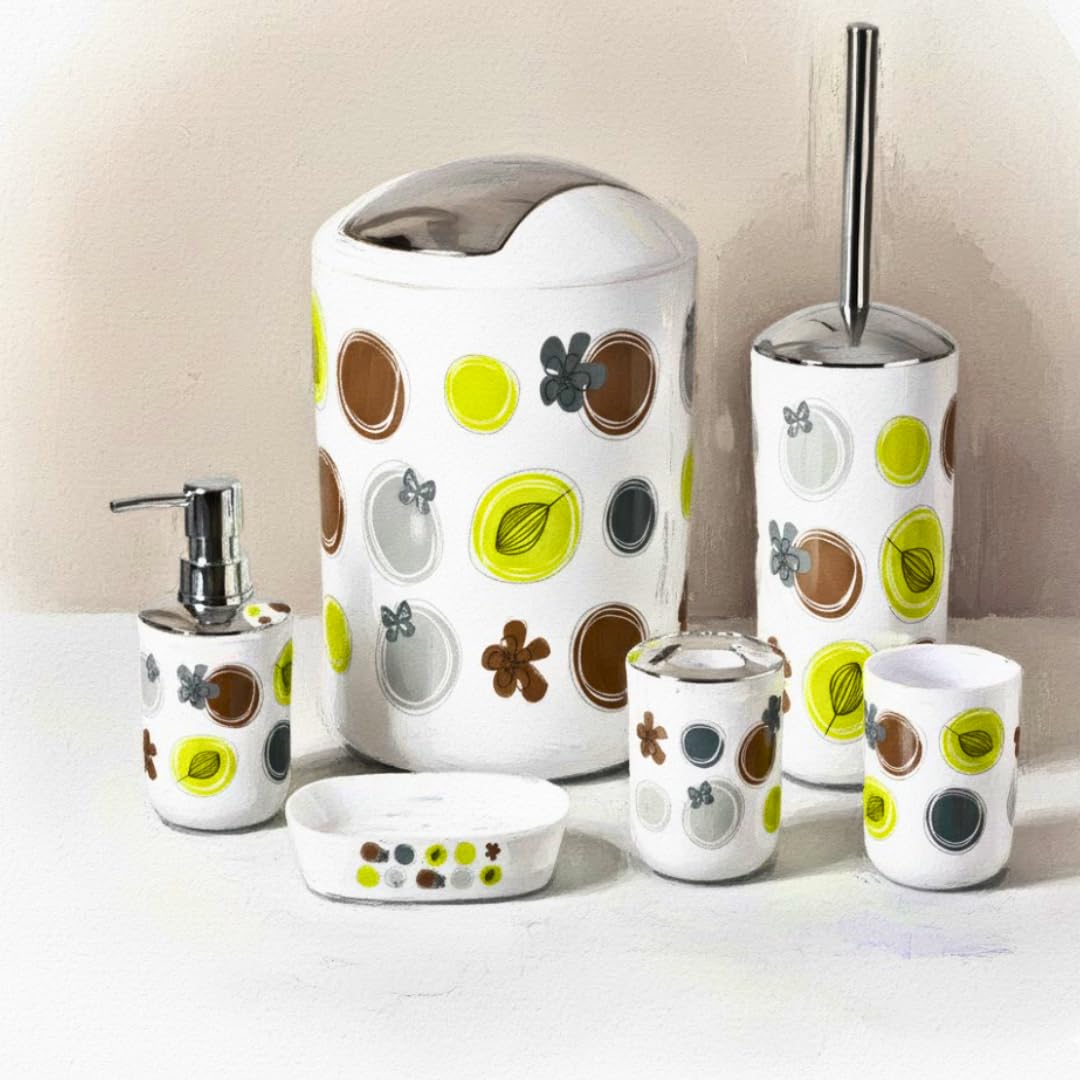 Qualiware Bathroom Accessory Set 6 Pieces Luxury Modern Vanity Bath Accessories Bath Set Toilet Brush with Holder, Soap Dish, Lotion Dispenser, Toothbrush Holder, Tumbler, Trash Bin (Circle)