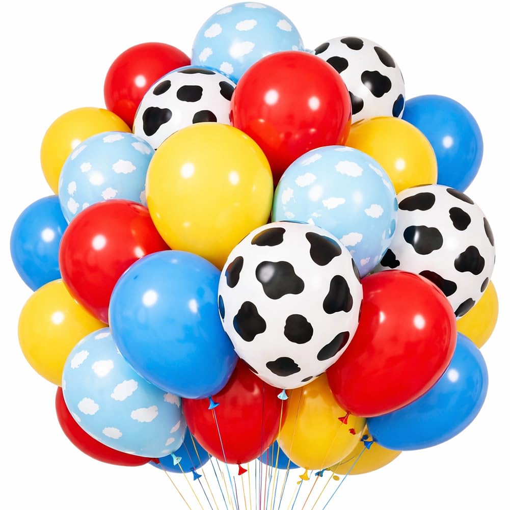 DUILE 12inch Toy Inspired Story Balloons Kit Cow Pattern Cloud Yellow Red Blue Green Latex Balloons for Kids Toy Inspired Story Theme Birthday Party