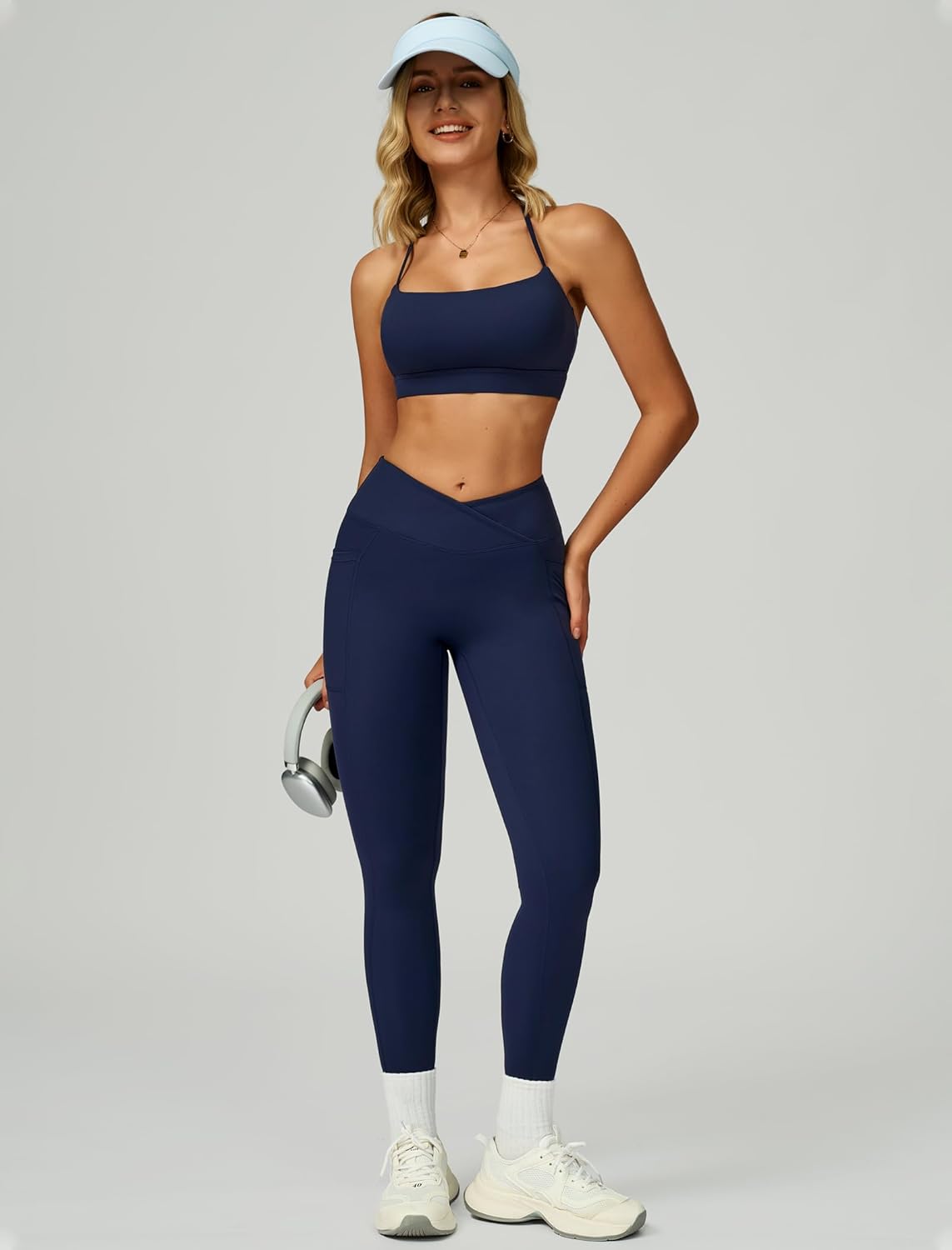 Women 2 Piece Workout Sets Cross Back Sports Bra High Waist Tummy Control Active Leggings Yoga Outfit with Pocket - Image 4