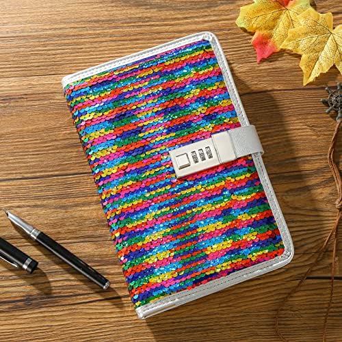 VIPbuy A5 Lined Refillable Diary with Combination Lock Pen Holder and Card Slots, DIY Reversible Sequin Personalised Journal Notebook for Women Girls Birthday Gifts (Rainbow to Silver)
