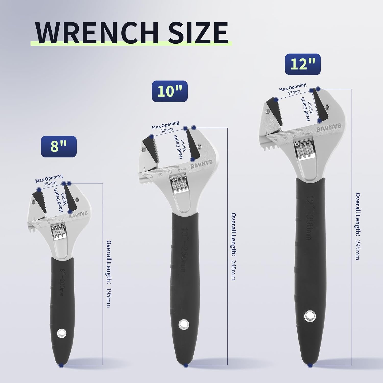 3 Pack Adjustable Wrench Set, 8-inch+10-inch+12-inch Wrench with Serrated Self-tightening Jaw, 25mm+30mm+43mm Wide Jaw Opening Wrench for Plumbing, Automotive, Industrial