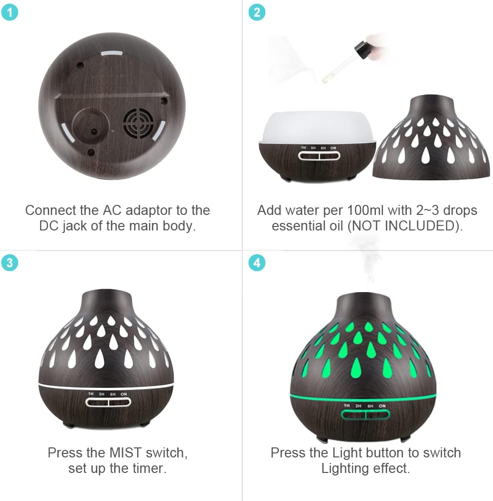 Essential Oil Diffuser Ultrasonic Humidifier,Remote Control, , Aromatherapy Diffusers with LED Lights and Waterless Auto-Off, for Bedroom, Office, Yoga Room (500ml)… (Dark Brown)