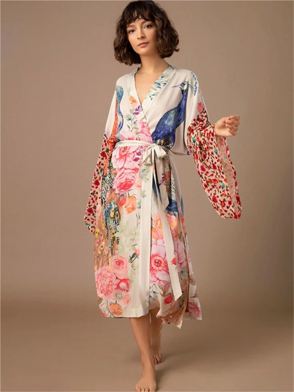 Langes Strandkleid aus Chiffon Strandüberzug for Damen, bedruckter Badeanzug, Wickelkleider mit Gürtel, Badeanzüge am Meer, Strandmode
