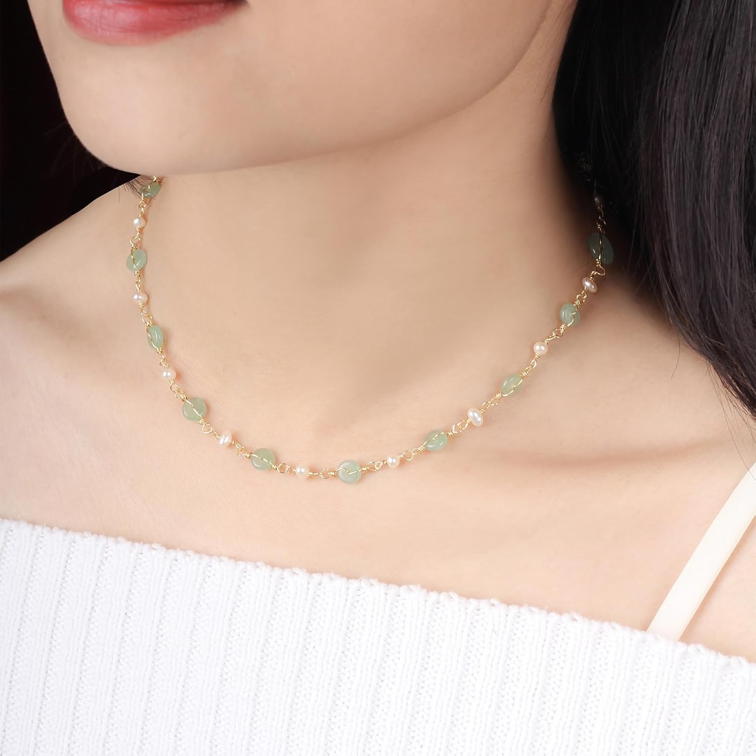 14K Gold Plated Natural Jade & Pearls Necklaces for Women, Natural Freshwater Pearls Jade Pendant Lucky Green Jewelry Chain for Women Lover (14K Gold Plated) - Image 4