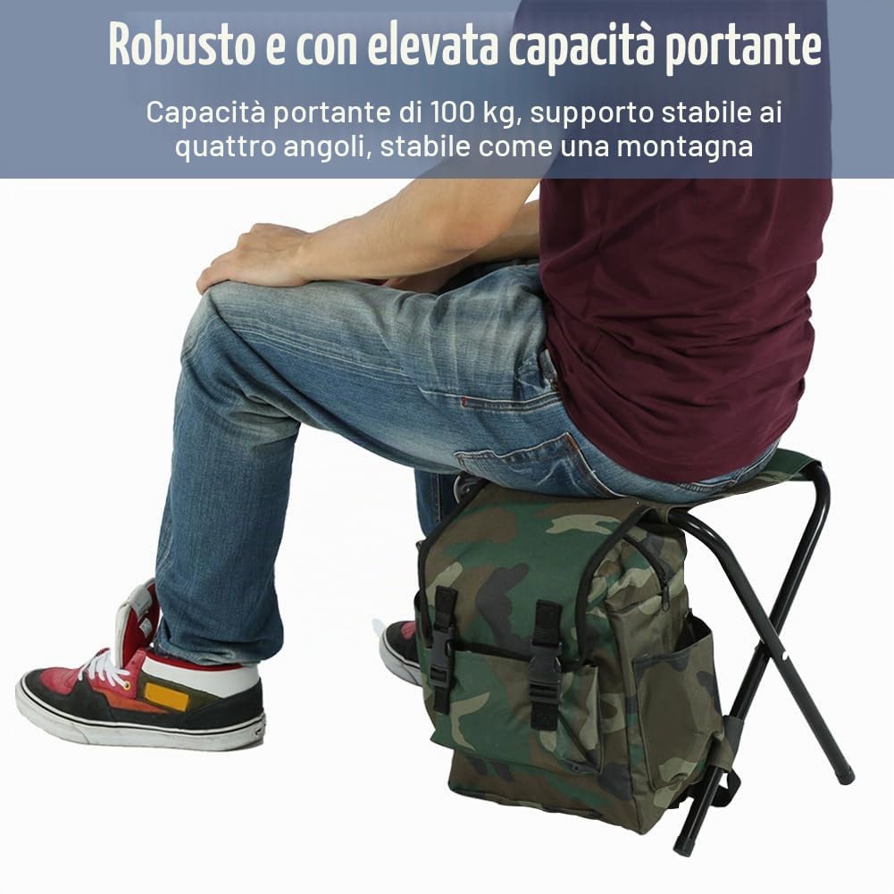 Sgabelli da Campeggio Pieghevoli per Esterni, Sedia da Campeggio Portatile in Tessuto Oxford con Zaino Carico Massimo 100kg per Pesca, Campeggio, Picnic, Barbecue, Mimetico