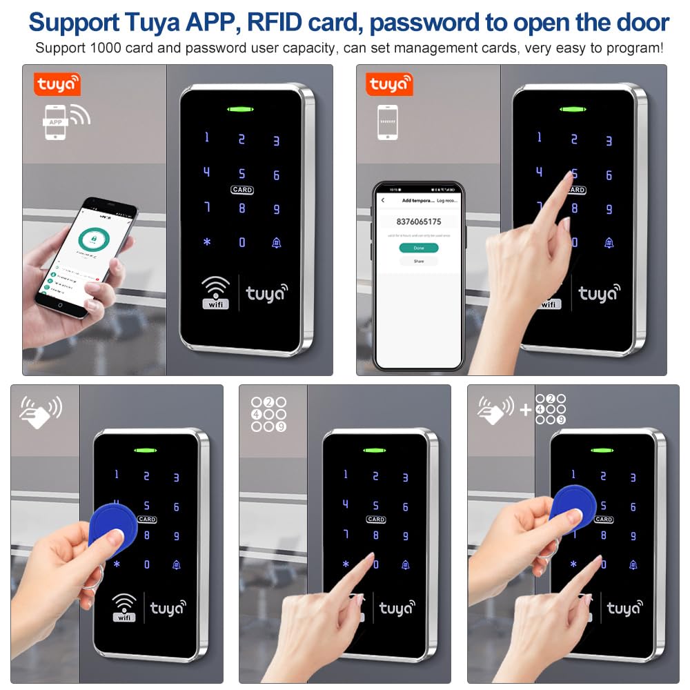 Tuya Contrôleur d'accès WiFi intelligent double bande avec clavier RFID étanche IP68, prend en charge 1000 utilisateurs, 10 125 kHz + 10 porte-clés 13,56 MHz