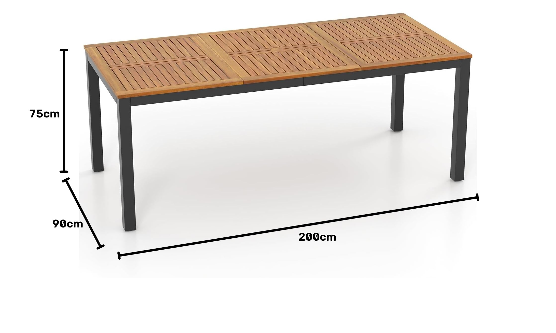 GIANTEX Tavolo da Giardino in Legno di Acacia per 8 Persone, Tavolo Rettangolare da Pranzo con Foro per Ombrellone, Struttura in Metallo, 200 x 90 x 75 cm, Naturale e Nero