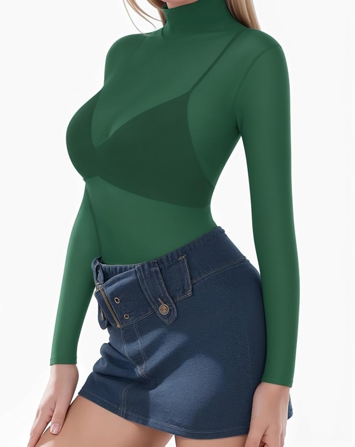 MANGOPOP Women's Mesh Top Long Sleeve See Through Mock Neck Blouse Sheer Sexy T Shirts Clubwear Bodycon - Image 2