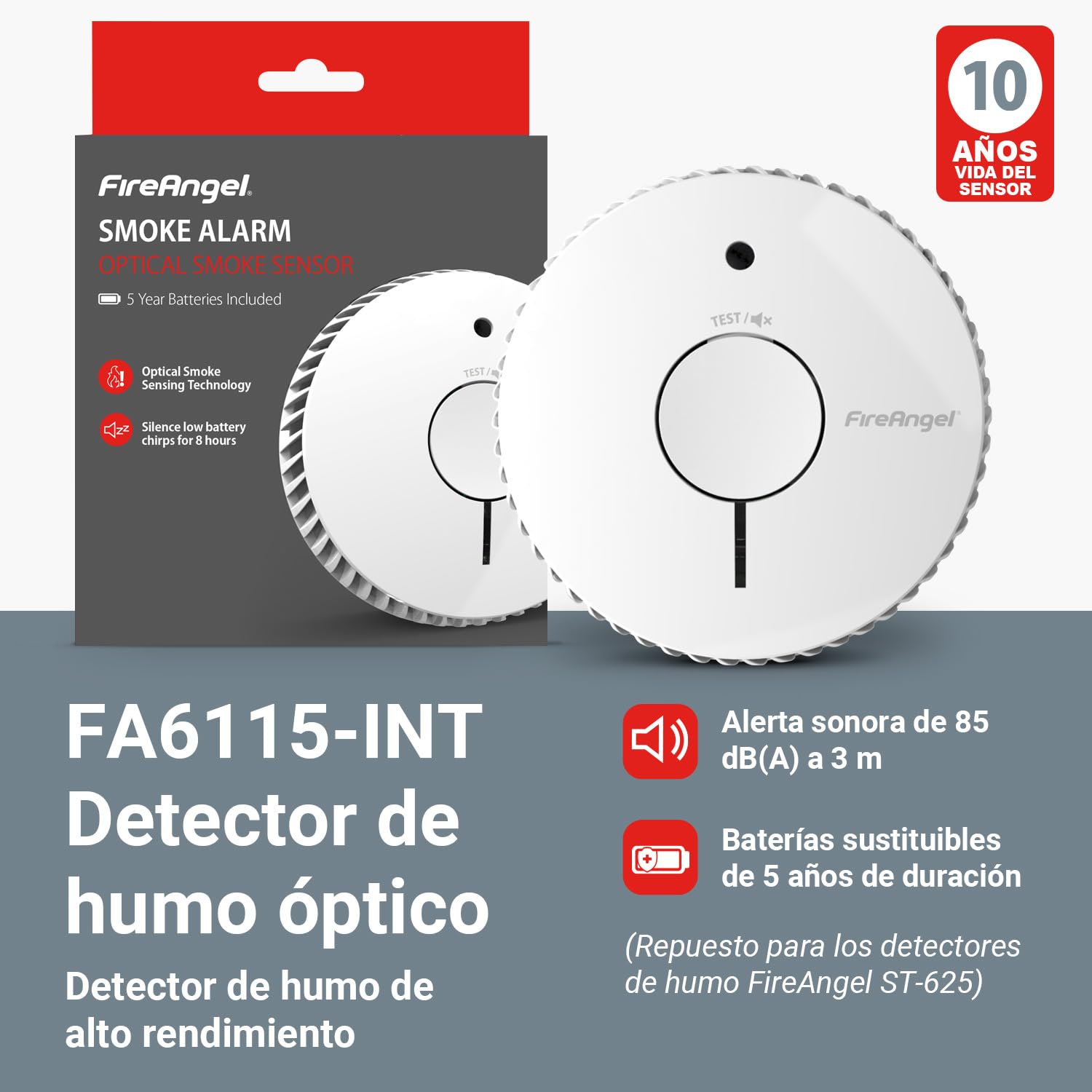 FireAngel Detector de Humo Óptico FA6115-INT - Alarma de Incendios para Hogar y Caravanas con Batería de 5 Años de Duración - Repuesto del ST-625