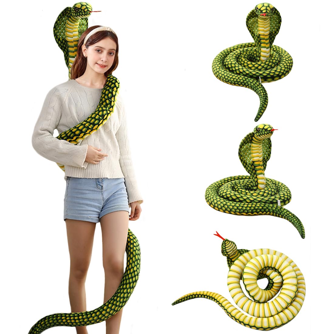 ELAINREN Ultra-Soft Green Cobra Plush Pillow Realistic Super Long Snake Stuffed Animals Toy Large Qamra The Queen Cobra Stuff Python Plushie Doll Gifts/94.5''