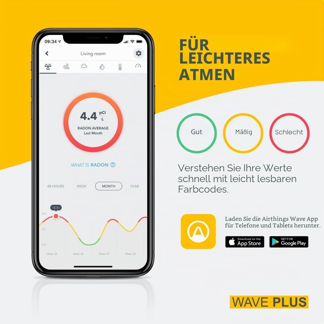 Airthings 2930 Wave Plus Radon- und Luftqualität-Messgerät Überwachung Radon CO2 VOC Luftdruck Feuchtigkeit Temperatur