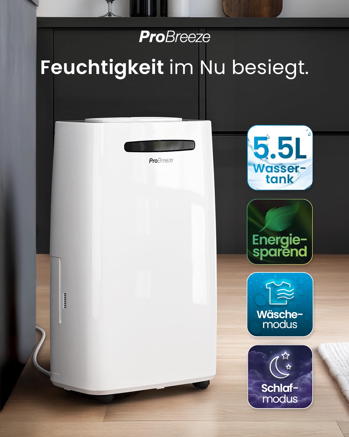 Pro Breeze Luftentfeuchter 20L in 24h Entfeuchtungsleistung - Raumgröße ca. 195m³ (~30 m²) - mit 4 Betriebsarten, Digitalanzeige, Ablaufschlauch, Wäschetrocknung, Timer - Gegen Feuchtigkeit, Schimmel