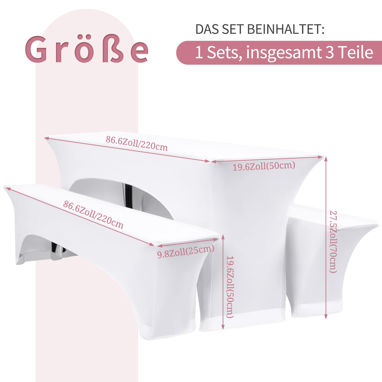 3er-Set Elastische Biertischhussen,Weiß Elastische Wasserdicht Bierbankhusse und Tischdecken,50 cm Tischbreite,Wasserdicht Bierzeltgarnituren 220 x 50 x 70 cm, für Bankett Gartenmöbel Abdeckungen.