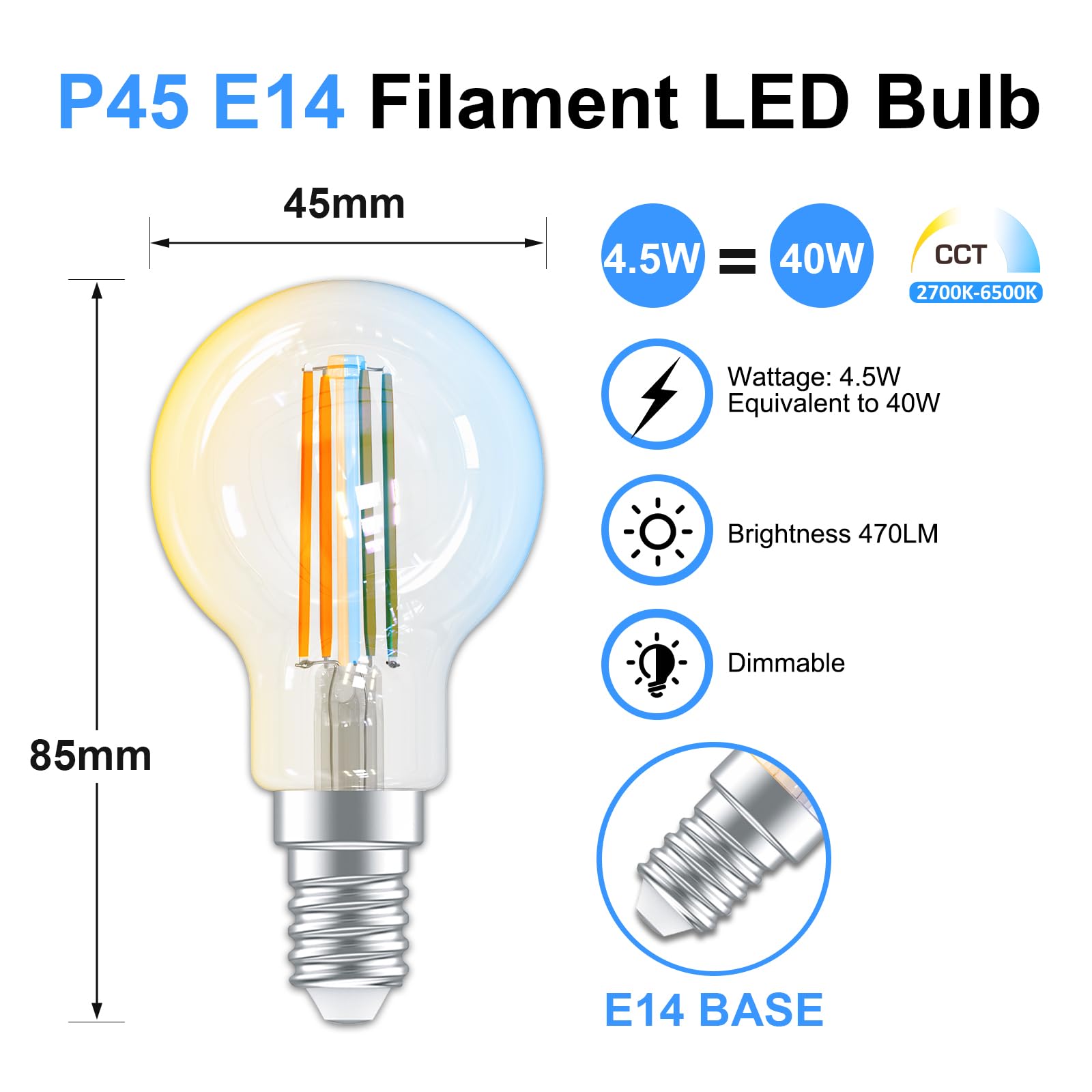 ANTELA Alexa Glühbirne E14 P45 4,5W 470LM, Smart WLAN LED Dimmbare Birne Lampe, Warmweiß (2700K) Kaltweiß (6500K) Licht Kompatibel mit Amazon Alexa, Google Home,4PCs