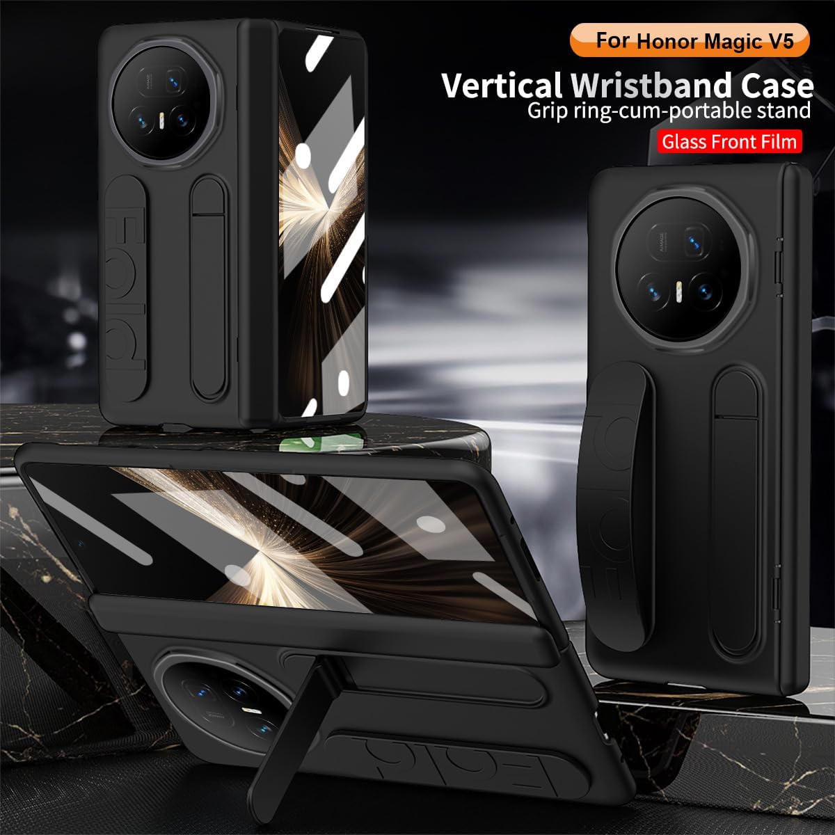 QUIETIP Stand Case Compatible with Honor Magic V5 with Screen Protector,Shockproof Fold Protective PC Hard Bumper Cover,Blue