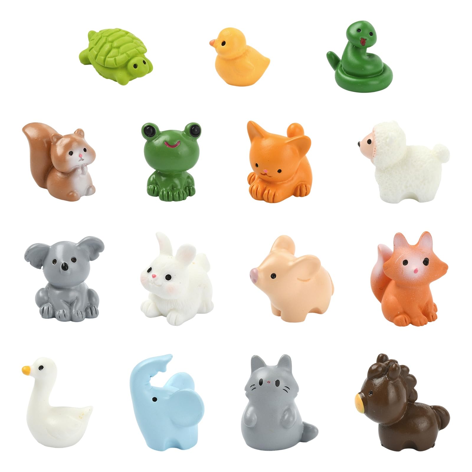 Stiesy 60Pcs Mini Animal Resin Figurines, 15 Styles Cute Turtle Duck Snake Squirrel Pig Fox Rabbit Frog Cat Miniature Creatures for Moss Garden & Micro Landscape Terrarium Enthusiasts