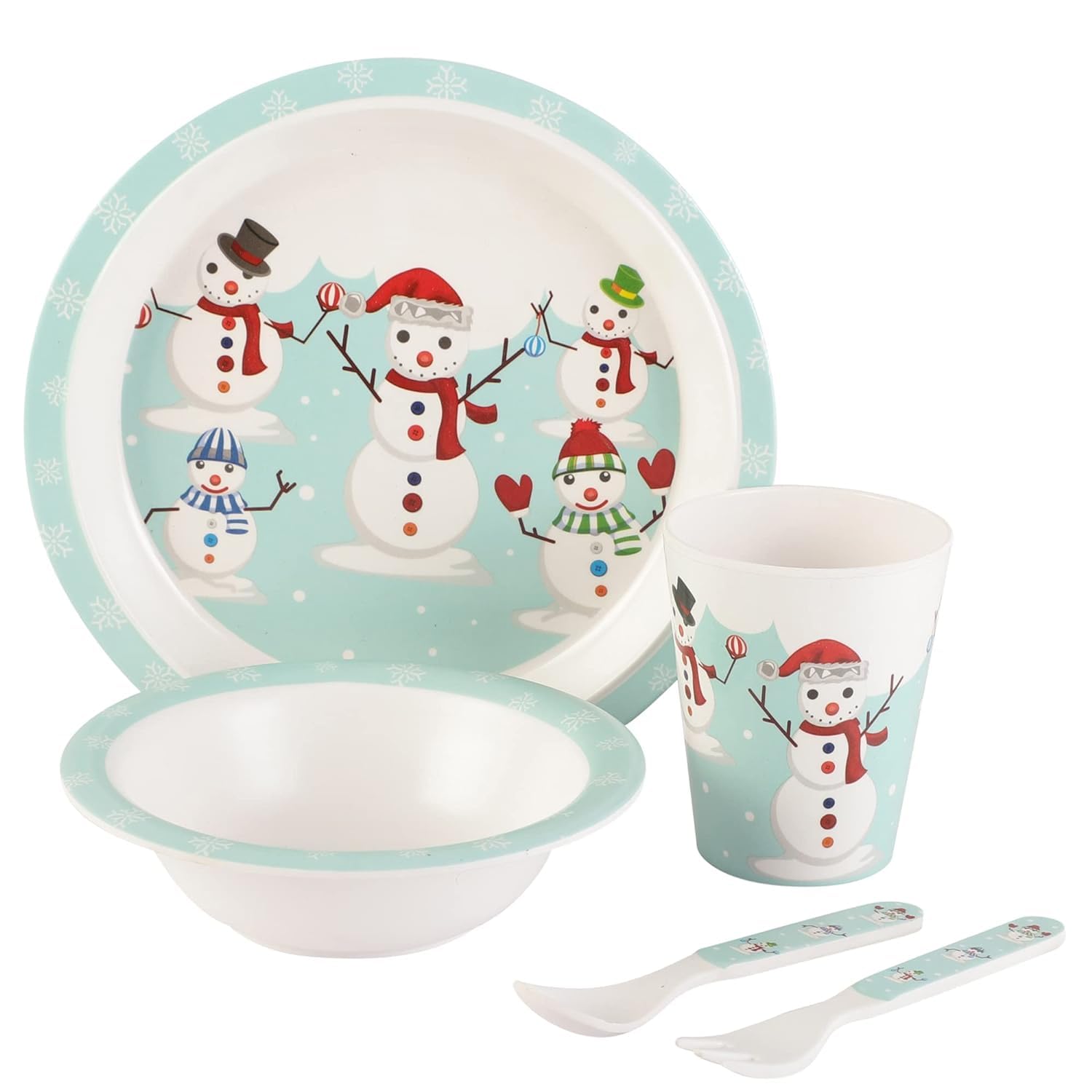 VOIDROPMelamine baby set-baby dinnerware-Children's Dinnerware Set Includes Plate, Bowl, Glaas, Spoon and Fork, Non-BPA, Made of Durable Material and Perfect for Kids (set of 5) Snow Man