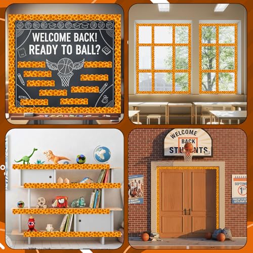 Image of BeYumi Basketball Sport Border Trim - 65ft Back to School Basketball Sport on Orange Scalloped Rolled Border Trim Ball Sports Theme Bulletin Board Set Party School Classroom Chalkboard Wall Decoration