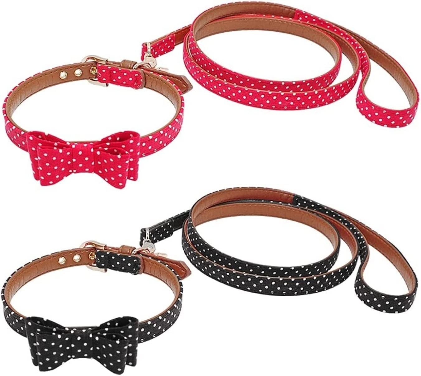 Smycz dla Psa Oddychające Zestaw Obroży I Smyczy Dla Psa Skórzana Obroża Kota Z Kokardką Polka Dot Lead Rope Smycz Miękkie Regulowana(33-51cm)