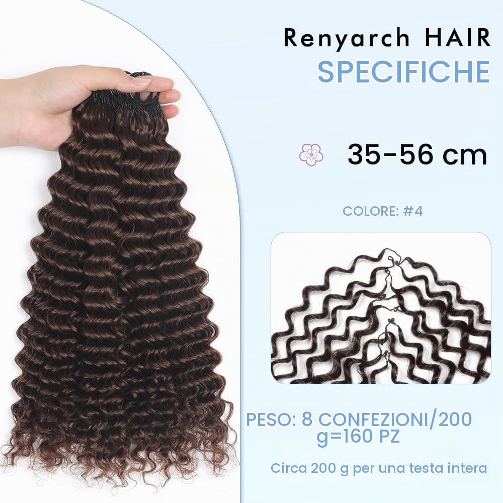 Renyarch Hair Crochet Human Hair Bundles for Marrone Women 14 Pollici Deep Wave Hair Crochet Hair 200g 160c Marrone Water Wave Wet and Wavy Invisible Knotless Curly Extensions
