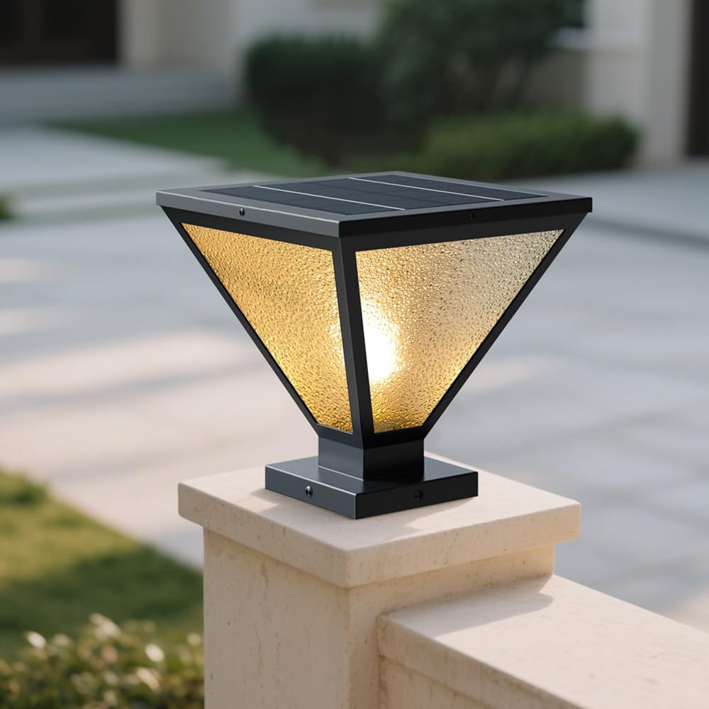 Solar Post Lights Fixture For Outdoor Modern Pillar Light Waterproof Column Lamp Exterior Landscape Solar Pedestal Bollard Lighting With Remote LED Fence Deck Cap Lantern For Garden Patio Pier Lamps