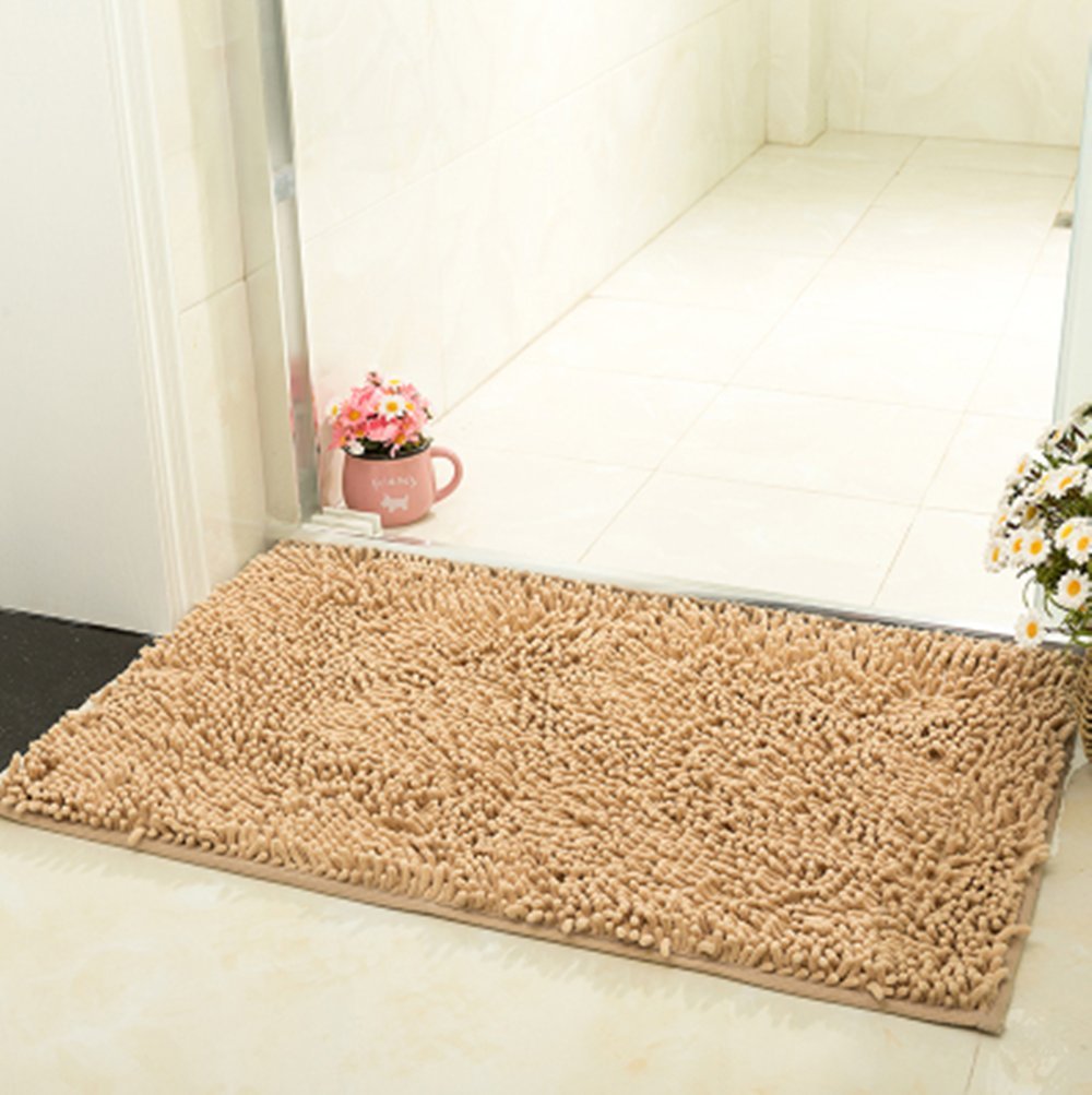CNFQ Non-Slip Absorbent Bath Mat 60 cm x 40 cm Microfibre Chenille Shower Mat, Microfibre (Khaki)