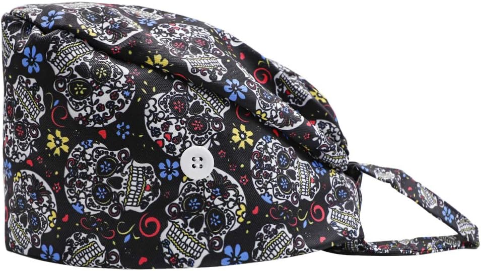 Gourd-Shaped Working Cap with Button, Adjustable Tie Back Hat Sweatband Hair Cover for Women Men, Multiple Color (Skull) 1 PC