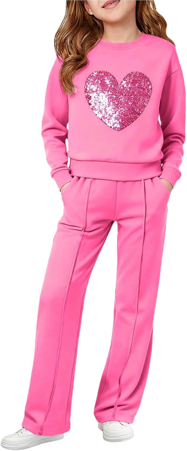 Valentine's Day Girls Heart Print Sweatsuit Casual Kids Clothes Long Hooded Sweatshirt Pants Fall Winter Outfits