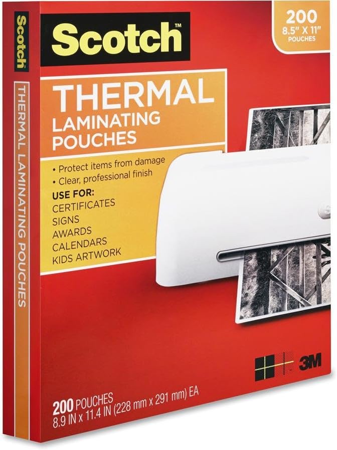 Scotch 3M TP3854200 Letter Size Thermal Laminating Pouches, 3 mil, 11.4 x 8.9 inches, 200 per Pack