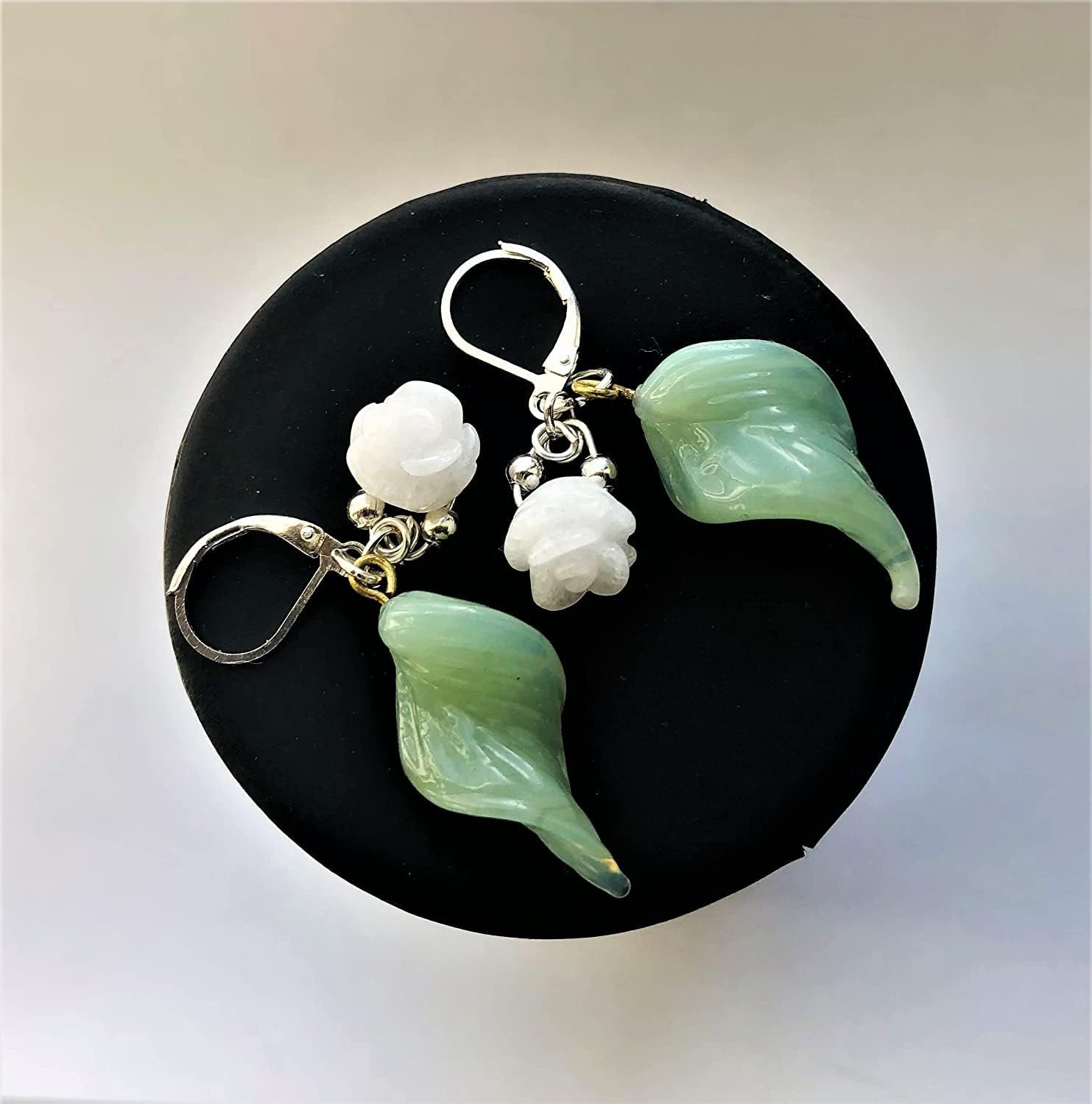 Floral Earrings White Jade Rose Flower Sterling Silver Leverback Vintage Jade Color Green Glass Leaves - Image 2