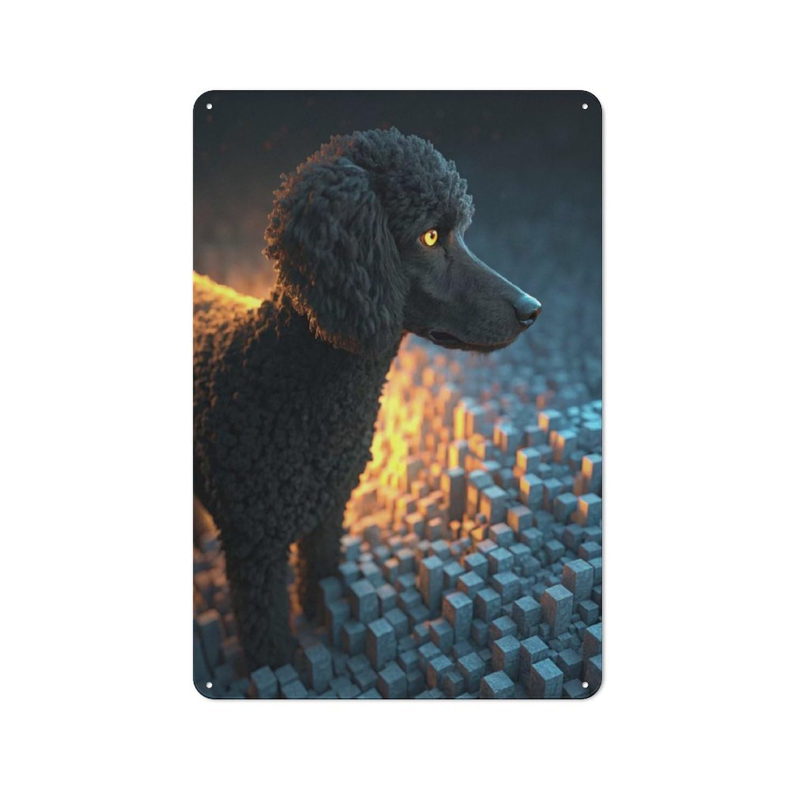 Junmoney Style-21 Black Poodle With Glowing Eyes Retro Tin Wall Plaque 30X20cm For Hobby Room Or Studio, For Garage, Workshop And Man Cave Decoration