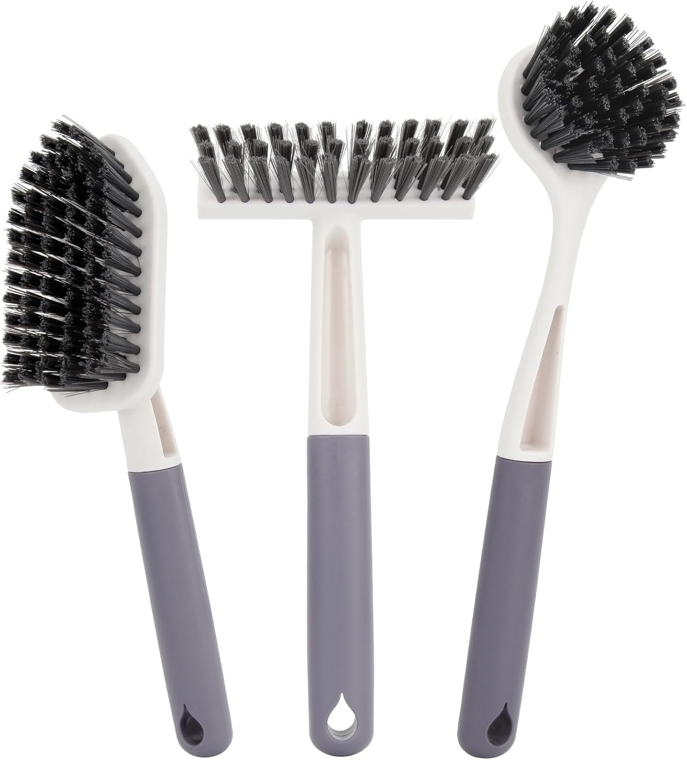 Xicennego 3 Pack Kitchen Cleaning Brush Set,1 Pot and Dish Cleaning Brush with Long Handle,1 Kitchen and Bathroom Brush with Scraper Strip, 1 Hard-Bristled Brush for Sink, Countertops, Tiles（Grey
