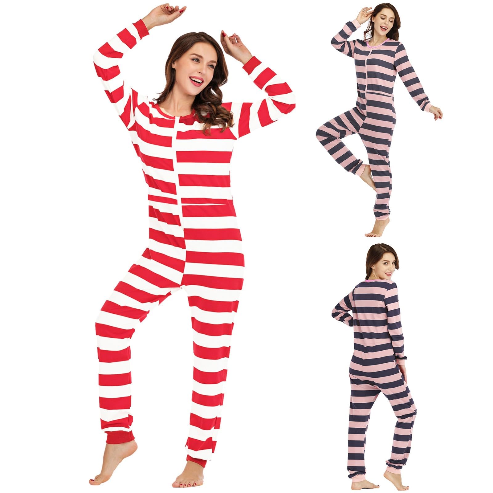Tutina da donna a maniche lunghe con stampa a righe, comoda pigiama, in cotone, girocollo, morbida e spazzolata, super morbida, con cerniera, stile casual, per cosplay, abbigliamento da casa