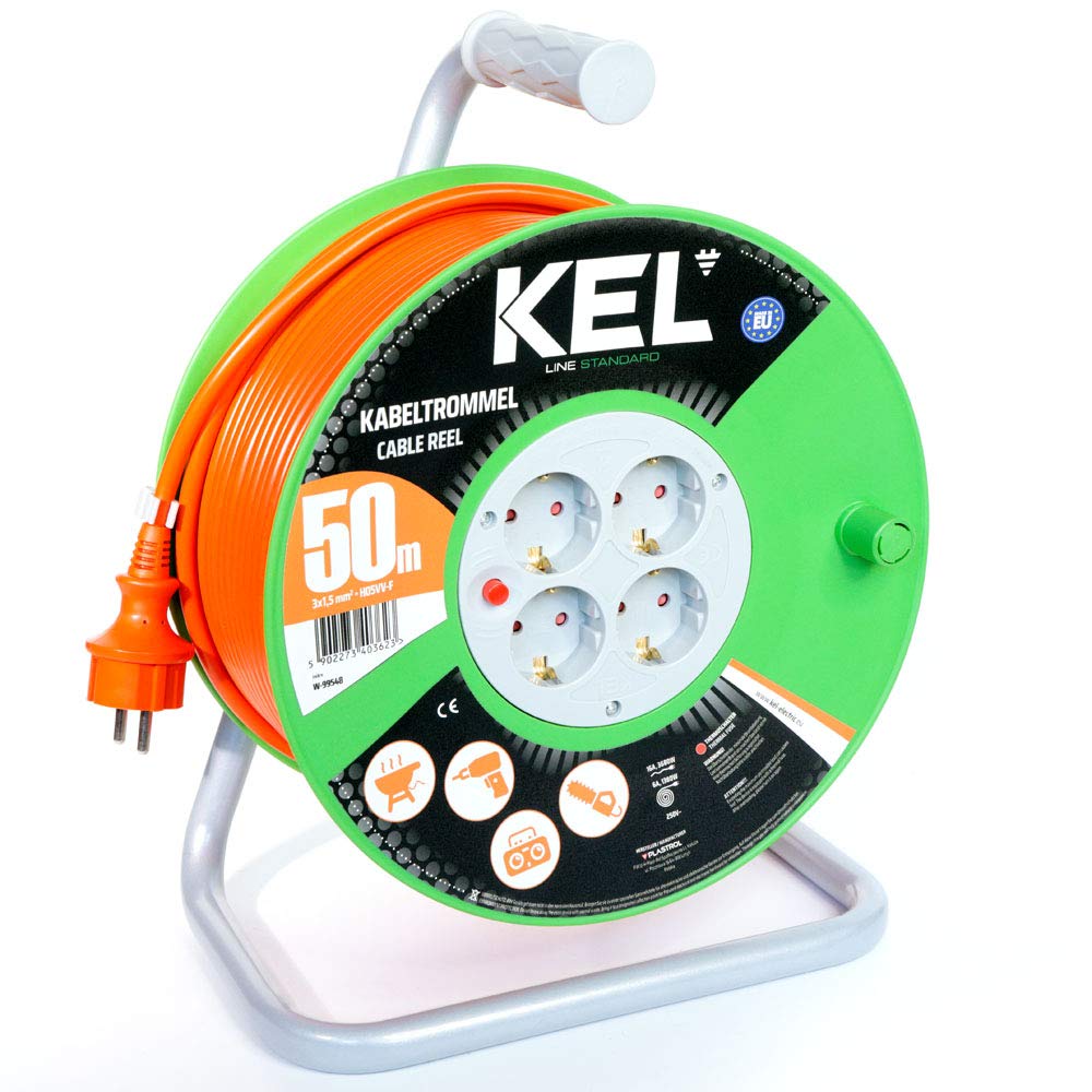KEL-ELECTRIC Kabeltrommel fuer Gaerten mit 50 m PVC - Kabel 3x1,5 mm2, 230 V/16A -Verlängerungskabel -Kunststoffrommel mit 4 Schutzkontakt Steckdosen-IP20