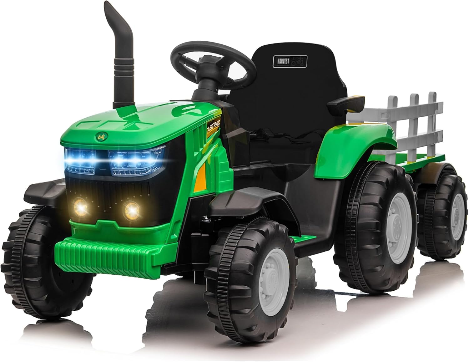 Trattore Elettrico per Bambini 12V con Ruote in Gomma e Rimorchio – Maxi Trattore a Batteria con Telecomando, Soft Start, Cintura di Sicurezza, Luci LED, MP3 USB, 2 Motori 35W (Verde)