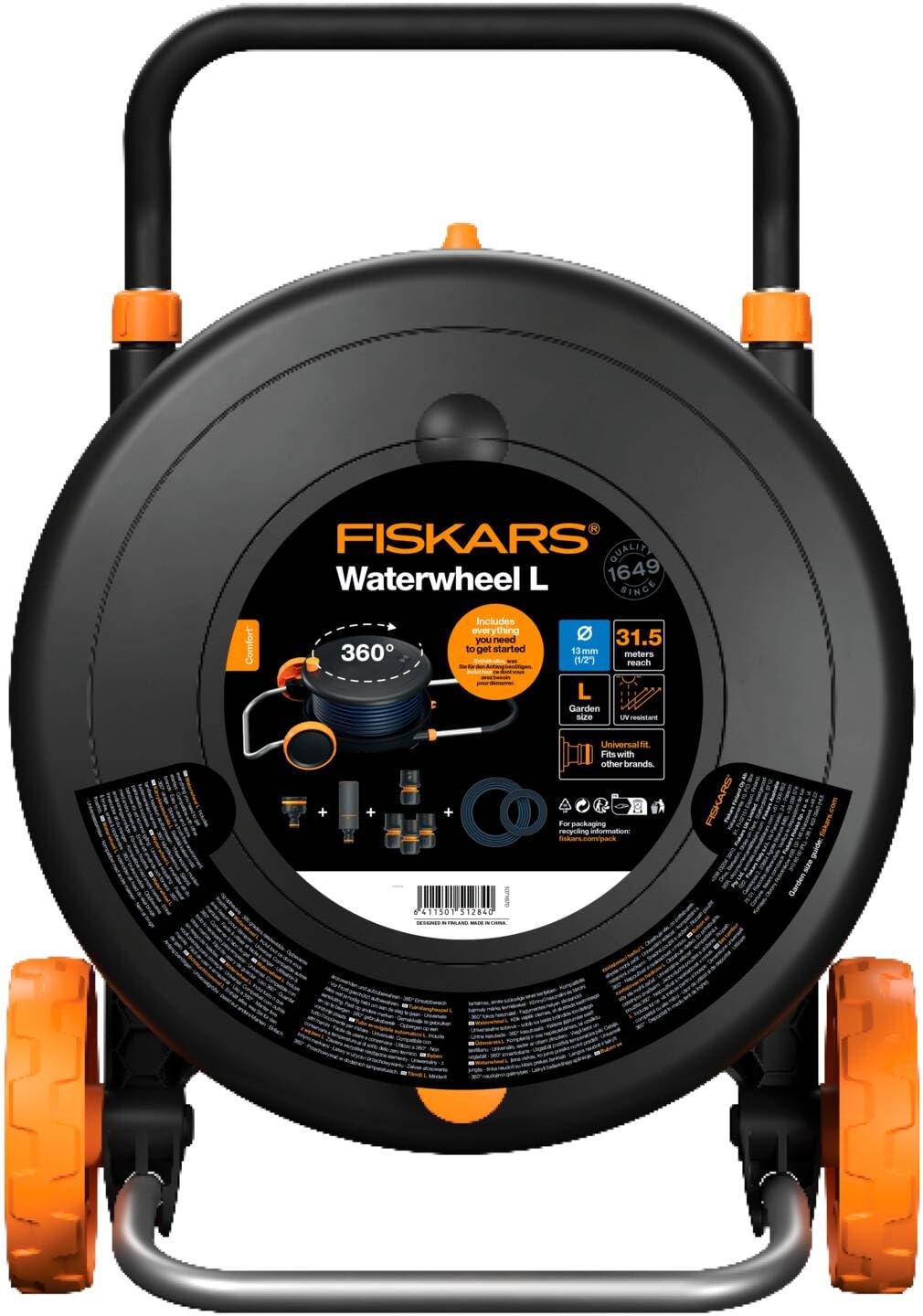 Fiskars Comfort Carro portamanguera Waterwheel L | 31,5 m de alcance total, enrollado automático, conector universal para grifo, 1071670