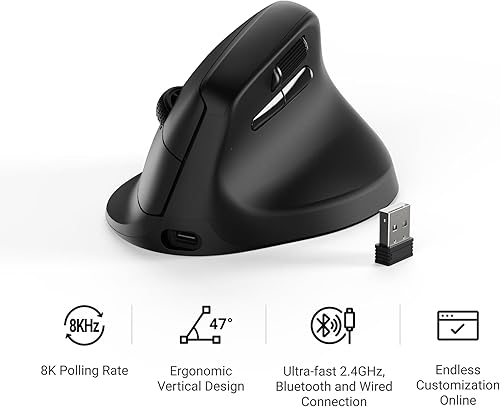 Miniatura 8 de Keychron Ratón Inalámbrico Ergonómico M5, 8000Hz Tri-Modo 2.4 GHzBluetooth 5.1Con Cable, Sensor PixArt 3950, 30000 DPI, Ergonómico Ligero con Botón