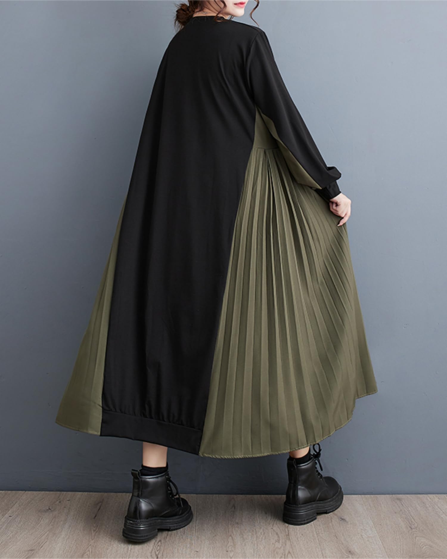 ellazhu Vestido Amplio de Patchwork Estilo Cargo Colorido Cuello Redondo Plisado Dobladillo GZ30 A