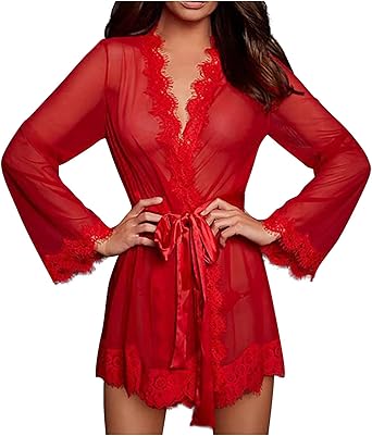 Women Lace Sexy Lingerie Suits 2025 Long Sleeve Nightgown with Belt and Thong Elegant Loose Mini Dresses Underwear